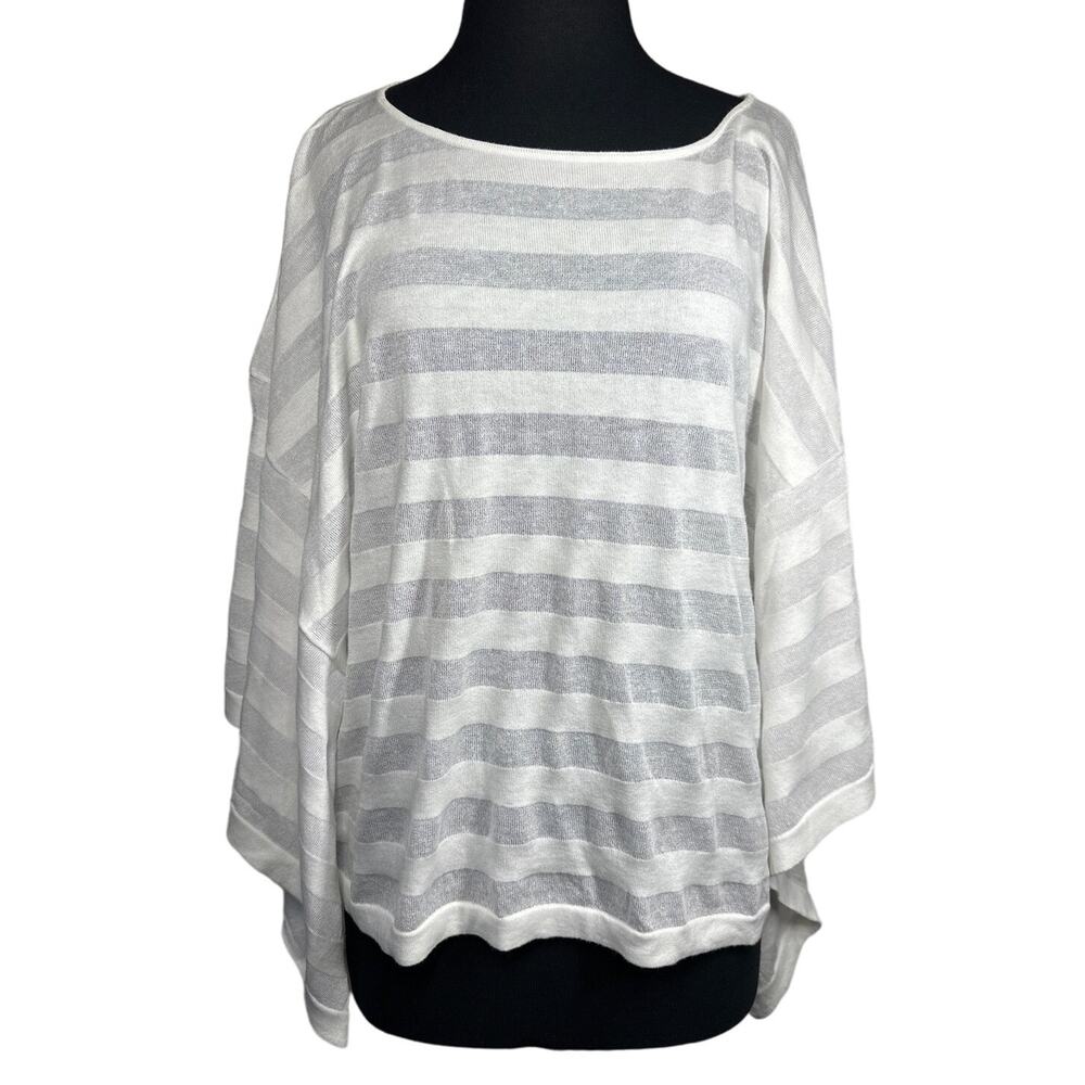 Tommy Bahama Striped Sheer Kimono Top Poncho Knit Cotton Linen Blouse White Sz L